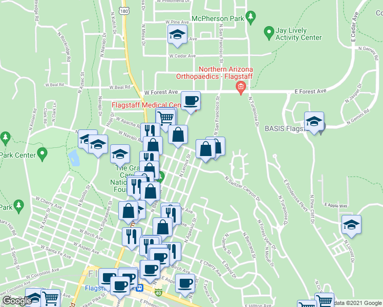 map of restaurants, bars, coffee shops, grocery stores, and more near 918 North Leroux Street in Flagstaff