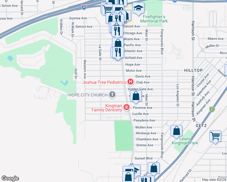 map of restaurants, bars, coffee shops, grocery stores, and more near 1844 Golden Gate Ave in Kingman