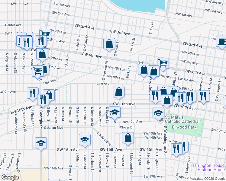 map of restaurants, bars, coffee shops, grocery stores, and more near 910 South Travis Street in Amarillo