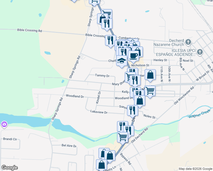 map of restaurants, bars, coffee shops, grocery stores, and more near 207 Mary Sharp Drive in Decherd