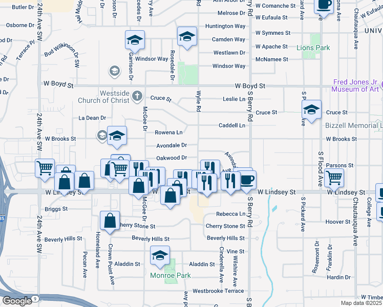 map of restaurants, bars, coffee shops, grocery stores, and more near 1509 Oakwood Drive in Norman