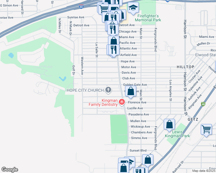 map of restaurants, bars, coffee shops, grocery stores, and more near 1844 Golden Gate Avenue in Kingman