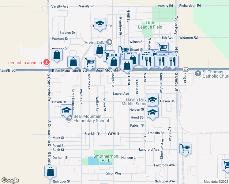map of restaurants, bars, coffee shops, grocery stores, and more near 778 Laurel Avenue in Arvin