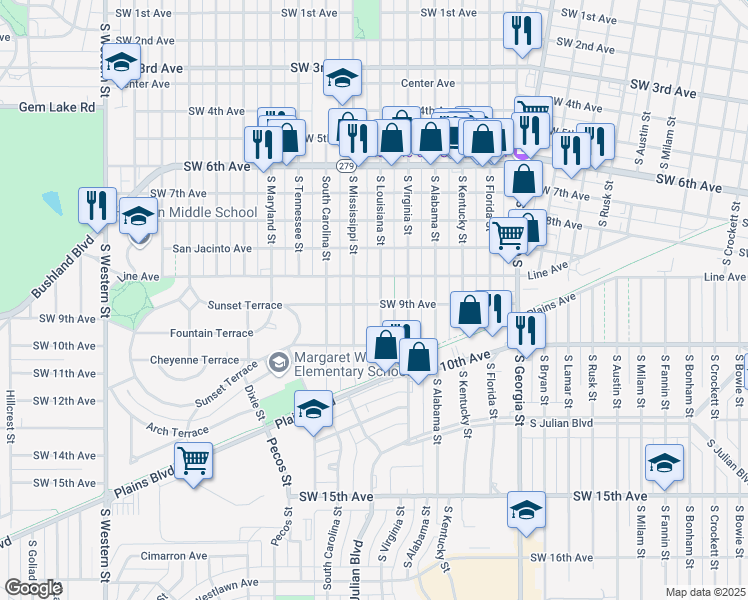 map of restaurants, bars, coffee shops, grocery stores, and more near 834 South Louisiana Street in Amarillo
