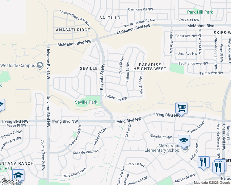 map of restaurants, bars, coffee shops, grocery stores, and more near 6016 Costa Brave Avenue Northwest in Albuquerque