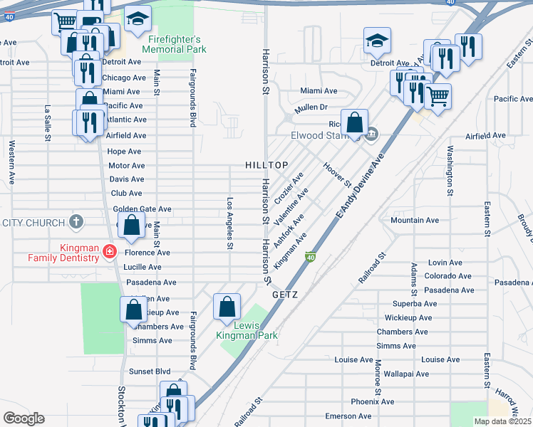 map of restaurants, bars, coffee shops, grocery stores, and more near 2171 Harrison Street in Kingman