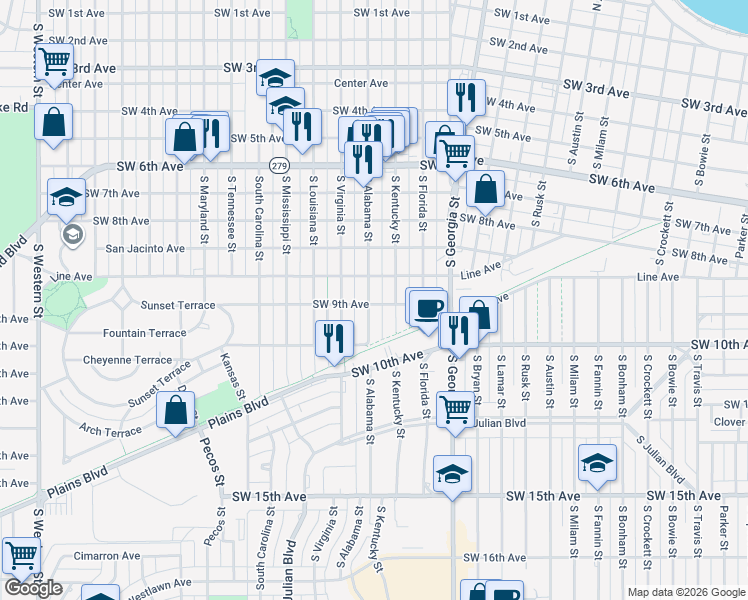 map of restaurants, bars, coffee shops, grocery stores, and more near 835 South Alabama Street in Amarillo
