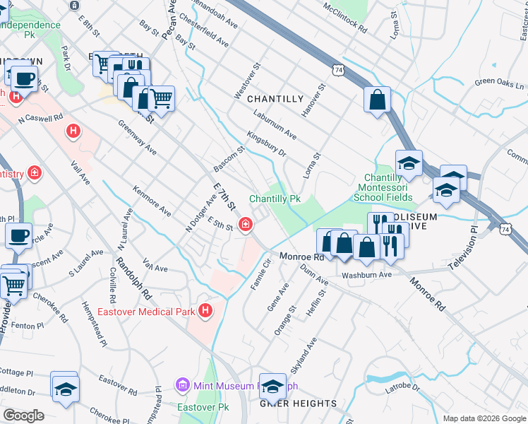 map of restaurants, bars, coffee shops, grocery stores, and more near in Charlotte