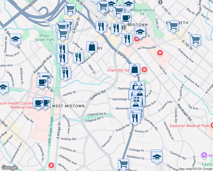 map of restaurants, bars, coffee shops, grocery stores, and more near in Charlotte