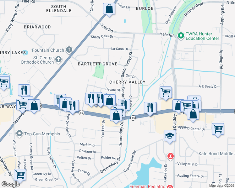 map of restaurants, bars, coffee shops, grocery stores, and more near 7214 Lawn Lane in Bartlett