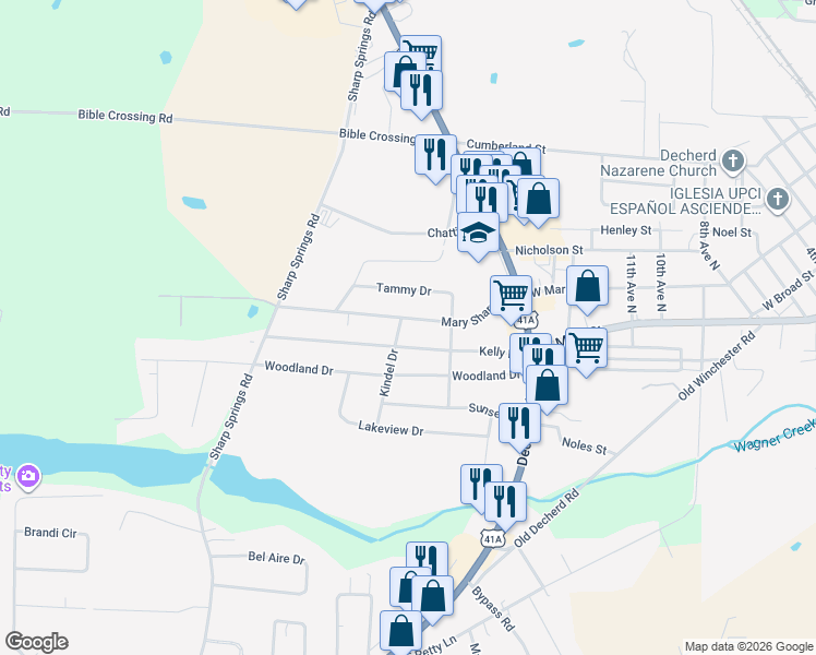 map of restaurants, bars, coffee shops, grocery stores, and more near 207 Mary Sharp Drive in Decherd