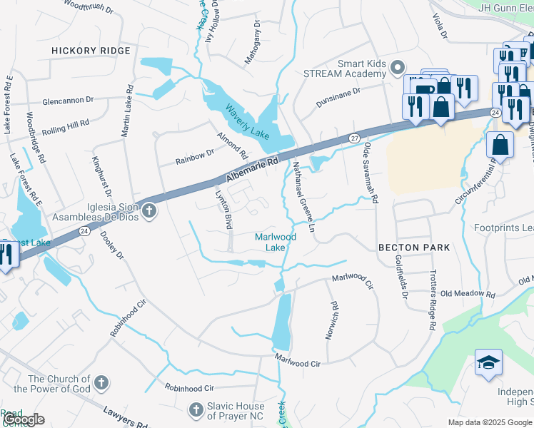 map of restaurants, bars, coffee shops, grocery stores, and more near 8124 Tremaine Court in Charlotte