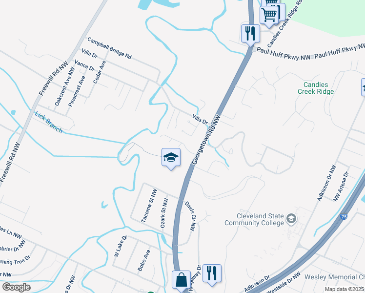 map of restaurants, bars, coffee shops, grocery stores, and more near 2043 Greenfield Avenue Northwest in Cleveland