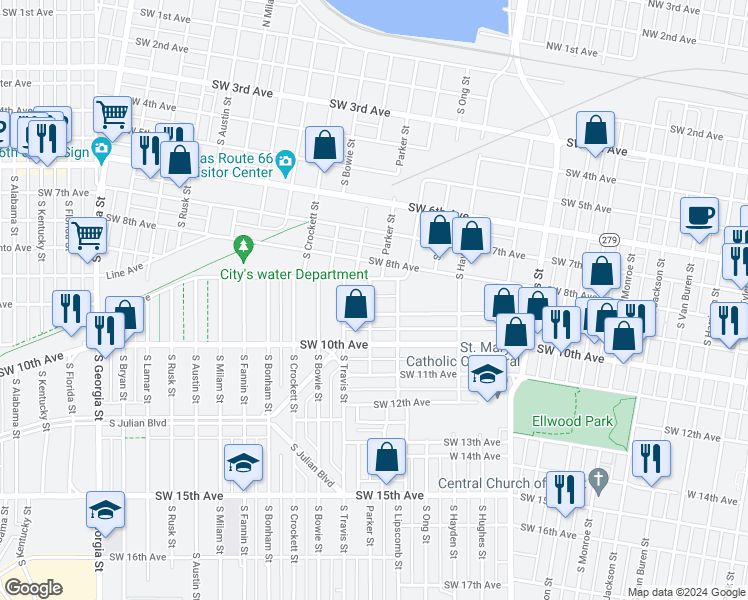 map of restaurants, bars, coffee shops, grocery stores, and more near 833 Parker Street in Amarillo
