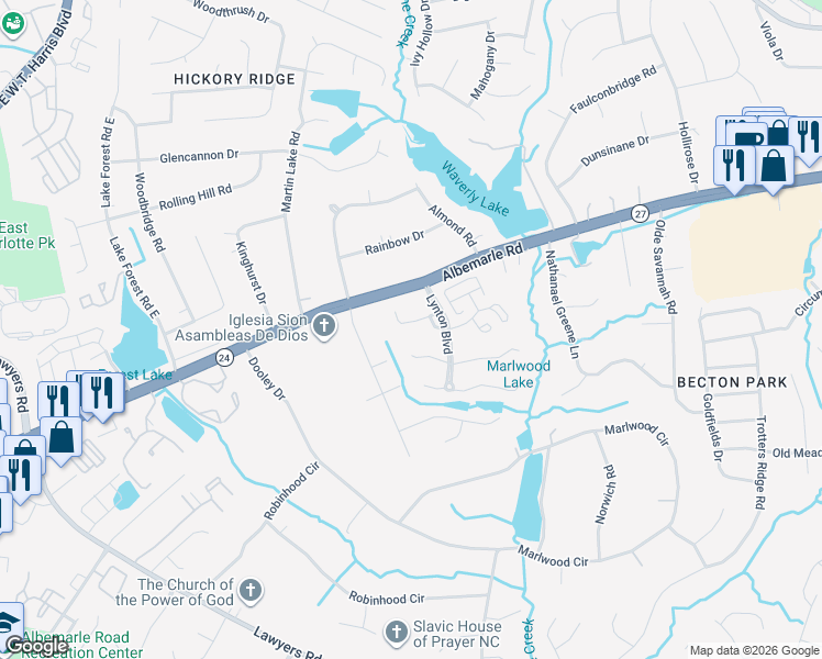 map of restaurants, bars, coffee shops, grocery stores, and more near 7934 Lindfield Court in Charlotte