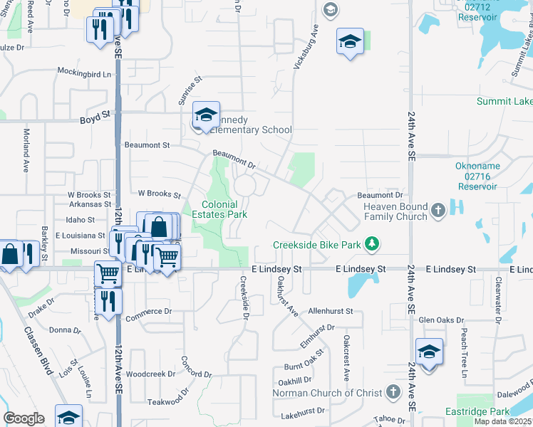map of restaurants, bars, coffee shops, grocery stores, and more near 1813 Candlewood Dr in Norman