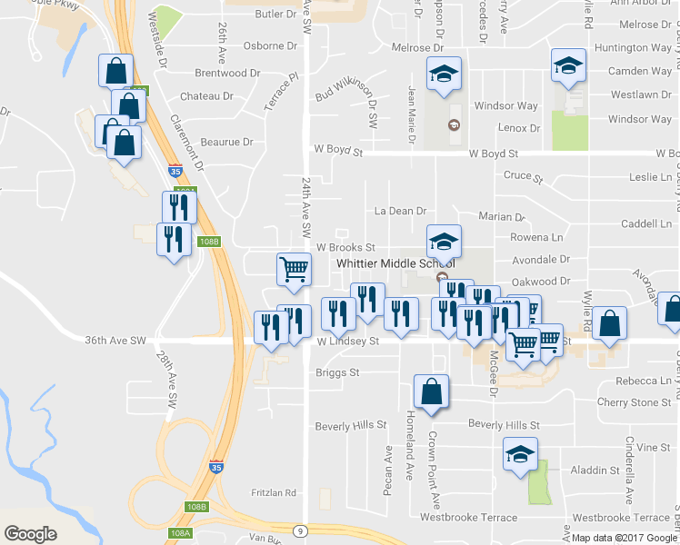 map of restaurants, bars, coffee shops, grocery stores, and more near 2200 West Brooks Street in Norman