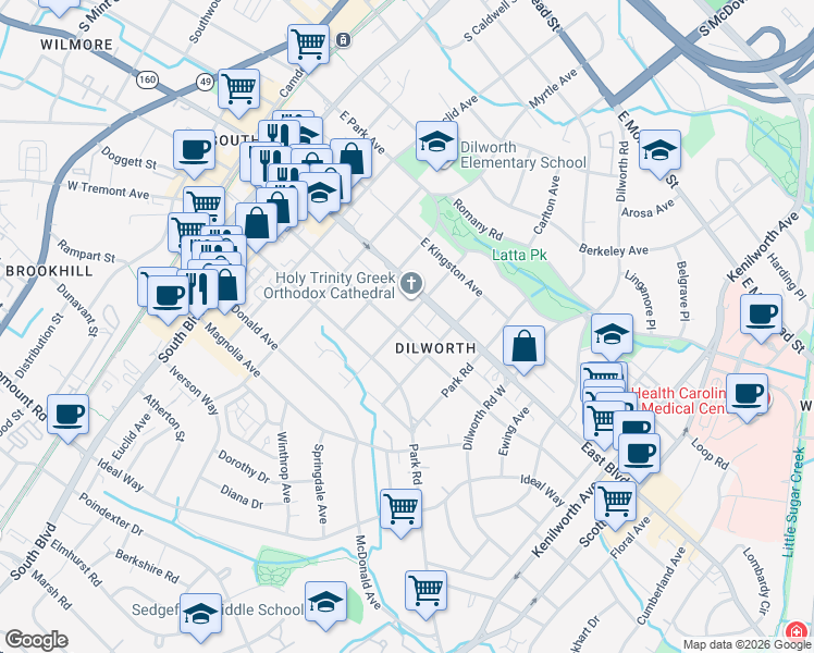map of restaurants, bars, coffee shops, grocery stores, and more near 701 East Worthington Avenue in Charlotte