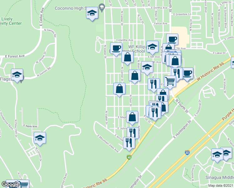 map of restaurants, bars, coffee shops, grocery stores, and more near 1896 North West Street in Flagstaff