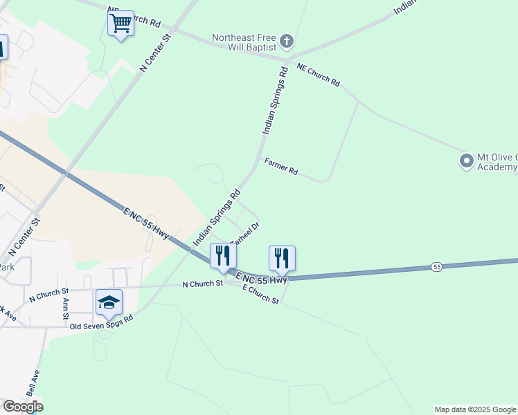 map of restaurants, bars, coffee shops, grocery stores, and more near 109 Tarheel Drive in Mount Olive