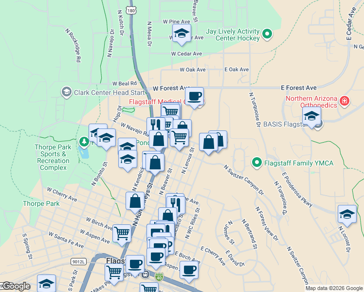 map of restaurants, bars, coffee shops, grocery stores, and more near 906 North Beaver Street in Flagstaff