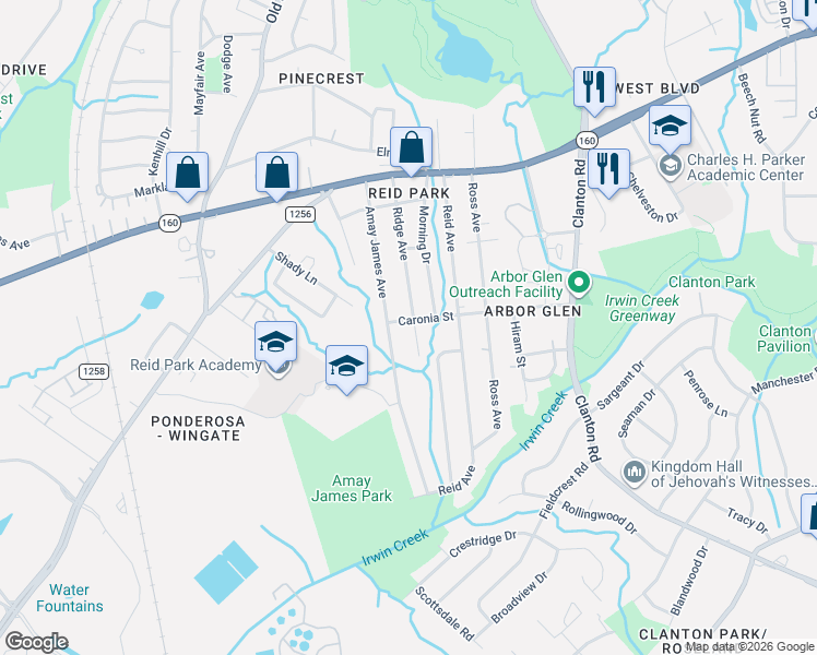 map of restaurants, bars, coffee shops, grocery stores, and more near 3104 Ridge Avenue in Charlotte