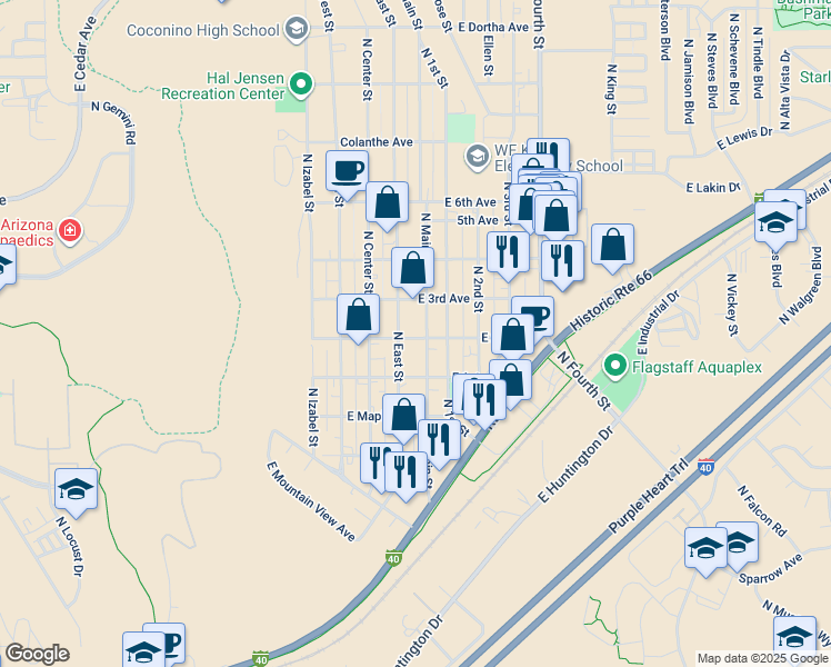 map of restaurants, bars, coffee shops, grocery stores, and more near 1901 North Main Street in Flagstaff