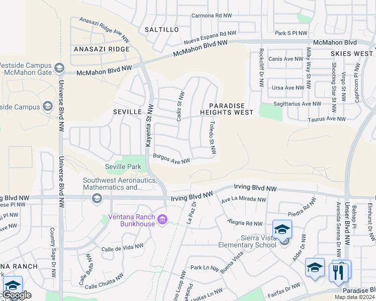 map of restaurants, bars, coffee shops, grocery stores, and more near 10415 Bilboa Street Northwest in Albuquerque