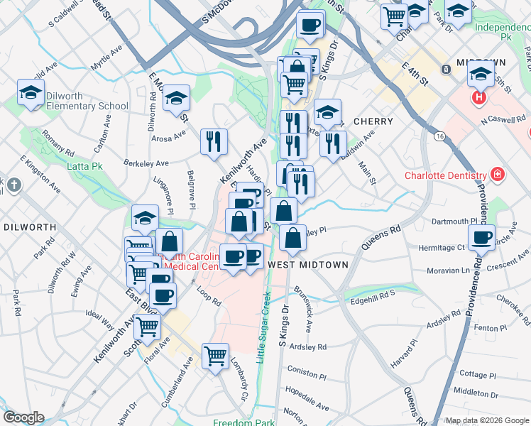 map of restaurants, bars, coffee shops, grocery stores, and more near in Charlotte
