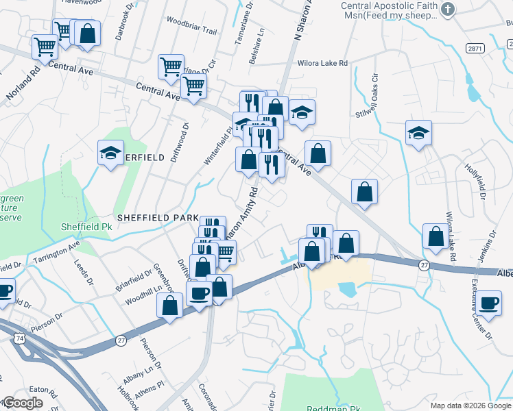 map of restaurants, bars, coffee shops, grocery stores, and more near in Charlotte