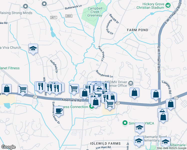 map of restaurants, bars, coffee shops, grocery stores, and more near 5421 Hazelnut Circle in Charlotte