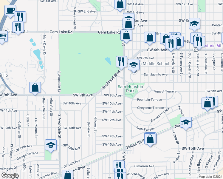 map of restaurants, bars, coffee shops, grocery stores, and more near 811 South La Salle Street in Amarillo