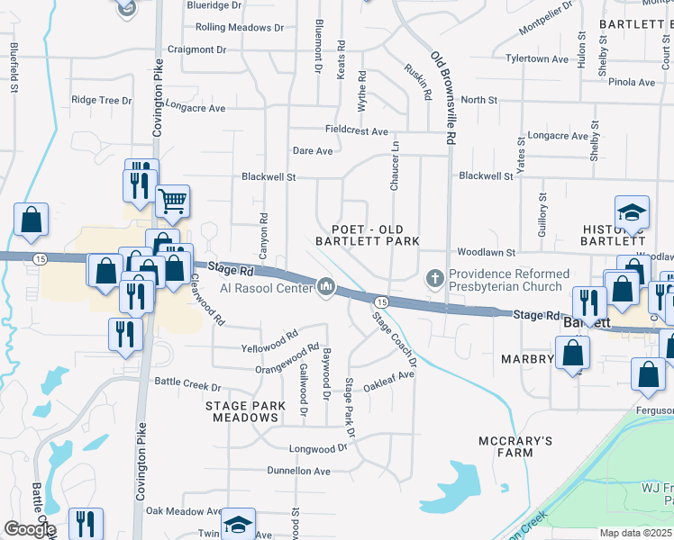 map of restaurants, bars, coffee shops, grocery stores, and more near 2954 Stage Park Place in Bartlett