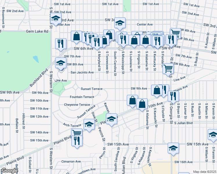 map of restaurants, bars, coffee shops, grocery stores, and more near 3410 Southwest 9th Avenue in Amarillo