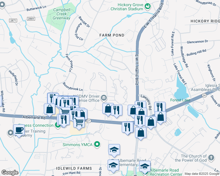 map of restaurants, bars, coffee shops, grocery stores, and more near 7118 Winding Cedar Trail in Charlotte