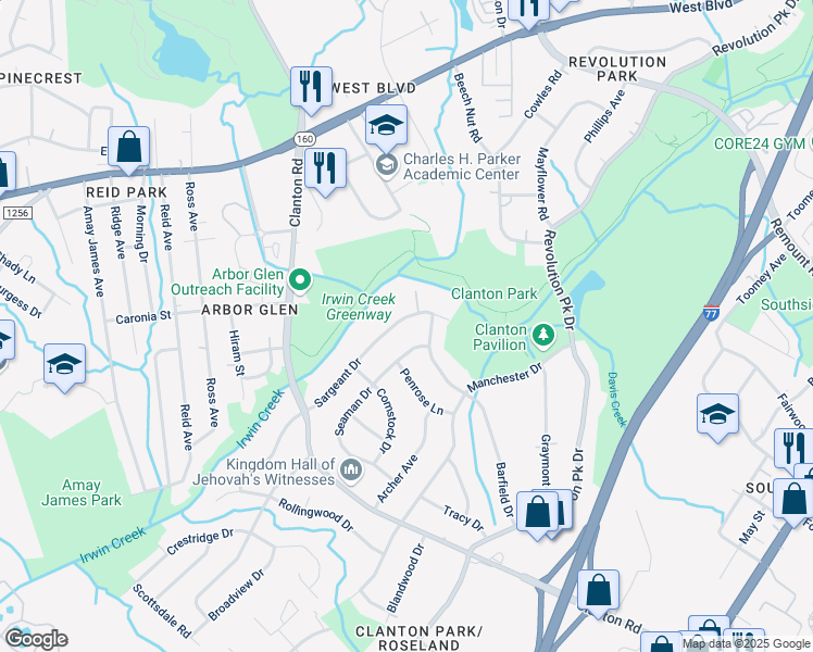 map of restaurants, bars, coffee shops, grocery stores, and more near 3325 Sargeant Drive in Charlotte