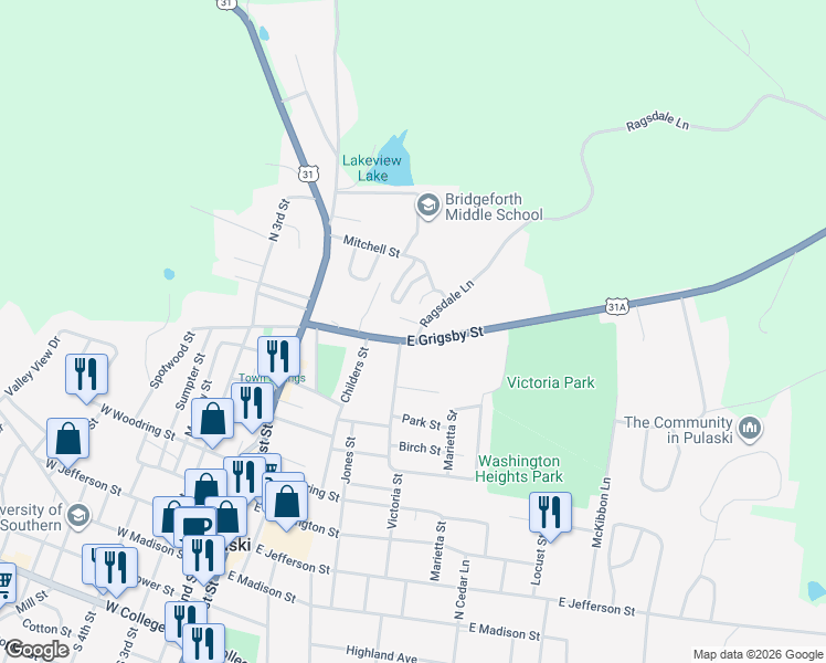 map of restaurants, bars, coffee shops, grocery stores, and more near 420 East Grigsby Street in Pulaski