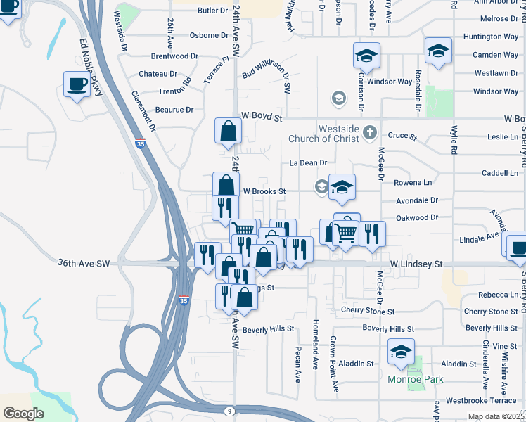 map of restaurants, bars, coffee shops, grocery stores, and more near 2200 West Brooks Street in Norman