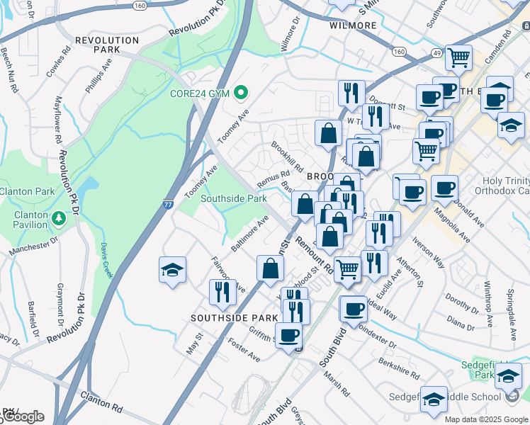 map of restaurants, bars, coffee shops, grocery stores, and more near 601 Remount Road in Charlotte