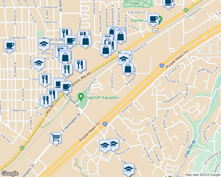 map of restaurants, bars, coffee shops, grocery stores, and more near 2187 North Vickey Street in Flagstaff