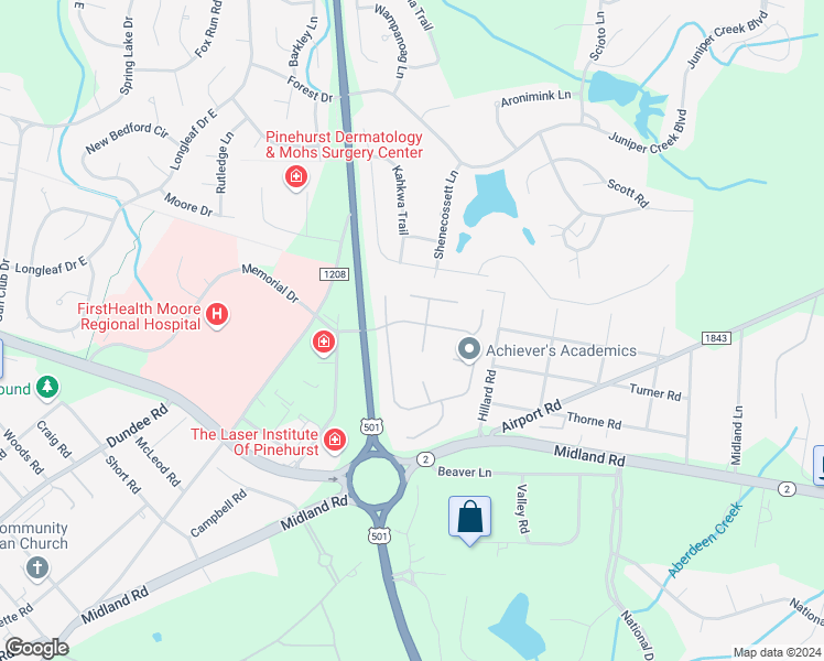 map of restaurants, bars, coffee shops, grocery stores, and more near 70 Pinehurst Trace Drive in Pinehurst