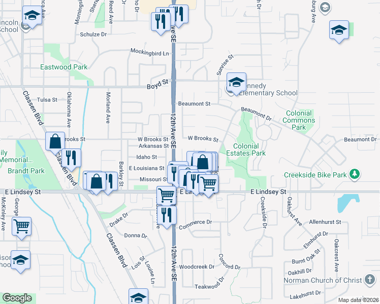 map of restaurants, bars, coffee shops, grocery stores, and more near 1014 Raleigh Circle in Norman