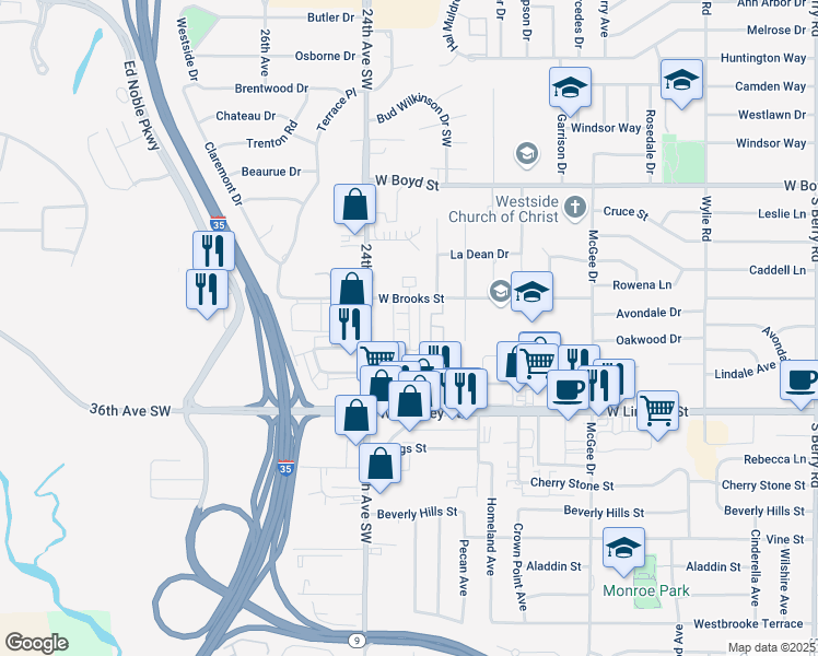 map of restaurants, bars, coffee shops, grocery stores, and more near 2200 West Brooks Street in Norman