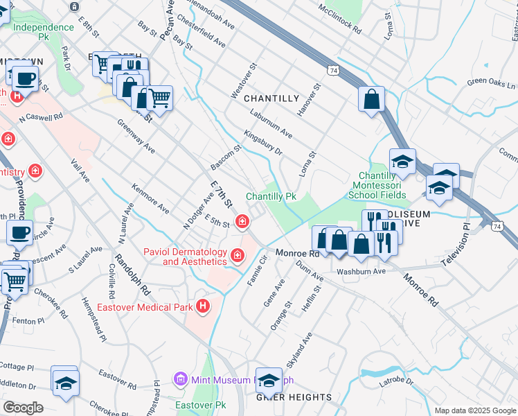 map of restaurants, bars, coffee shops, grocery stores, and more near in Charlotte