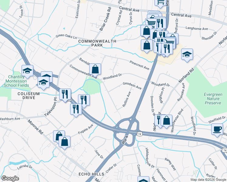 map of restaurants, bars, coffee shops, grocery stores, and more near 1216 Goodwin Avenue in Charlotte
