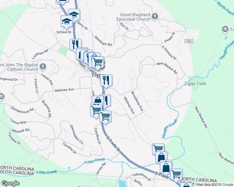 map of restaurants, bars, coffee shops, grocery stores, and more near 140 New Market Road in Tryon