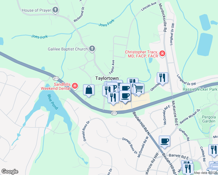 map of restaurants, bars, coffee shops, grocery stores, and more near Mason Street in Taylortown