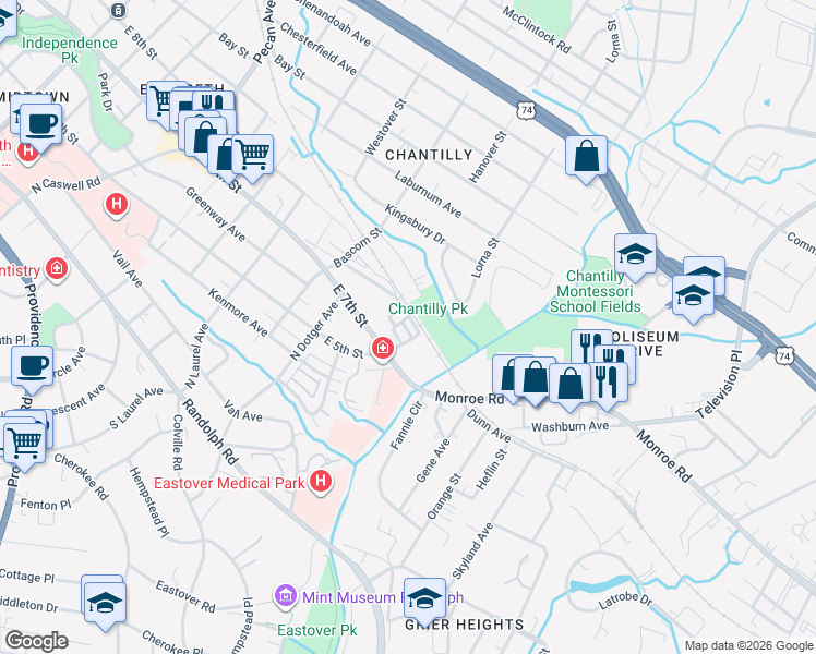 map of restaurants, bars, coffee shops, grocery stores, and more near 2656 Weddington Avenue in Charlotte