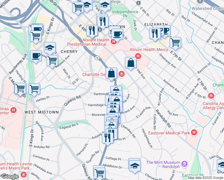 map of restaurants, bars, coffee shops, grocery stores, and more near 2131 Dartmouth Place in Charlotte