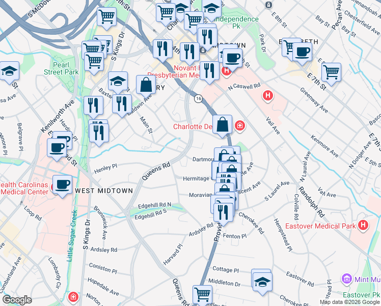 map of restaurants, bars, coffee shops, grocery stores, and more near in Charlotte